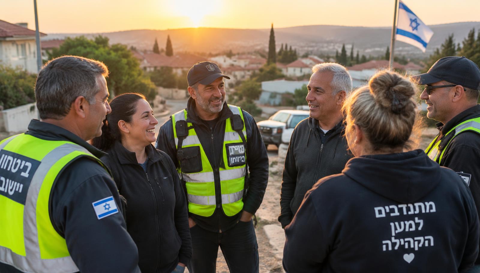 קבוצת רבש״צים ומתנדבי ביטחון עומדים יחד בשעת זריחה ביישוב